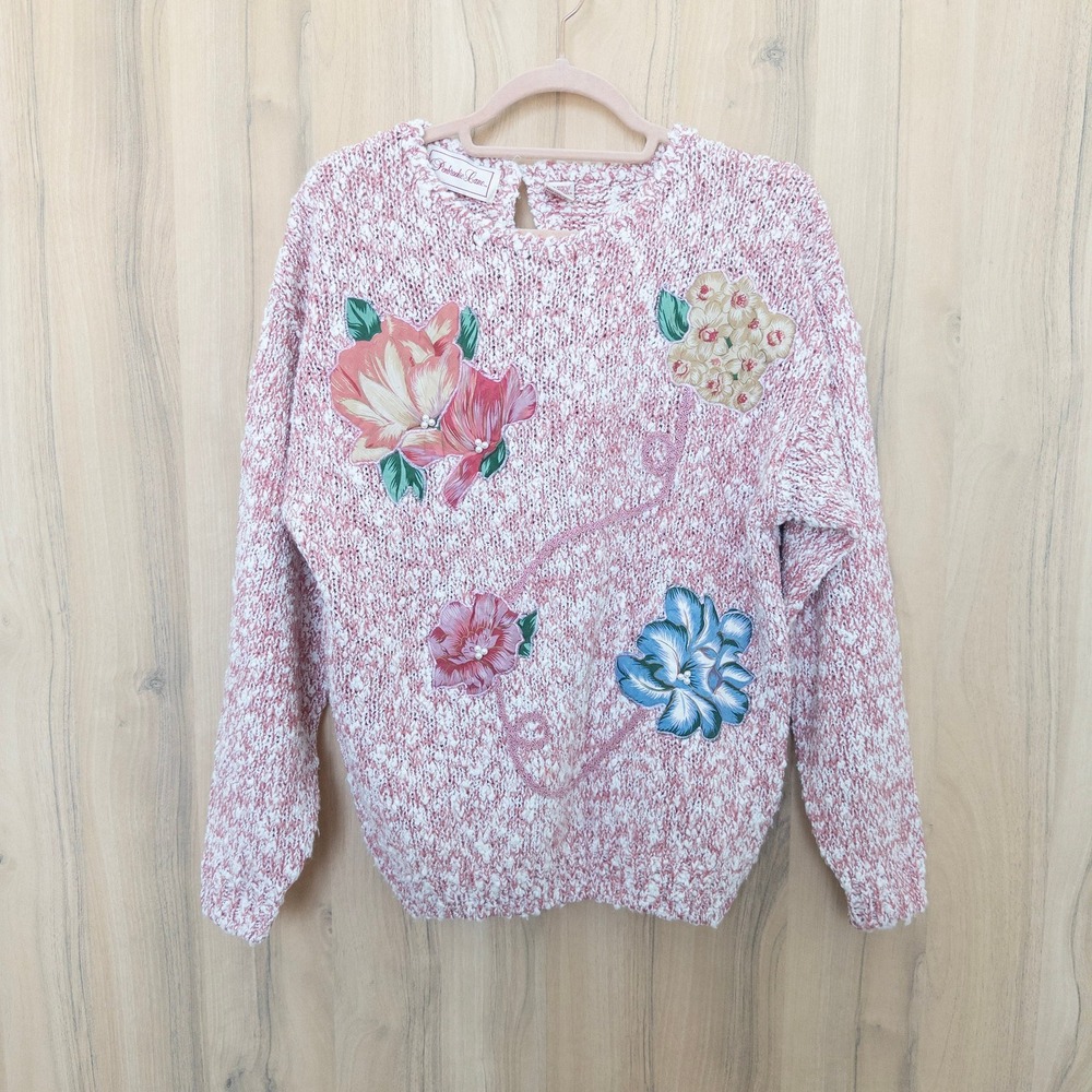 Vintage Womens Floral Sweater M Pink Appliqué Pearl Knit Cottage Grandma 90s